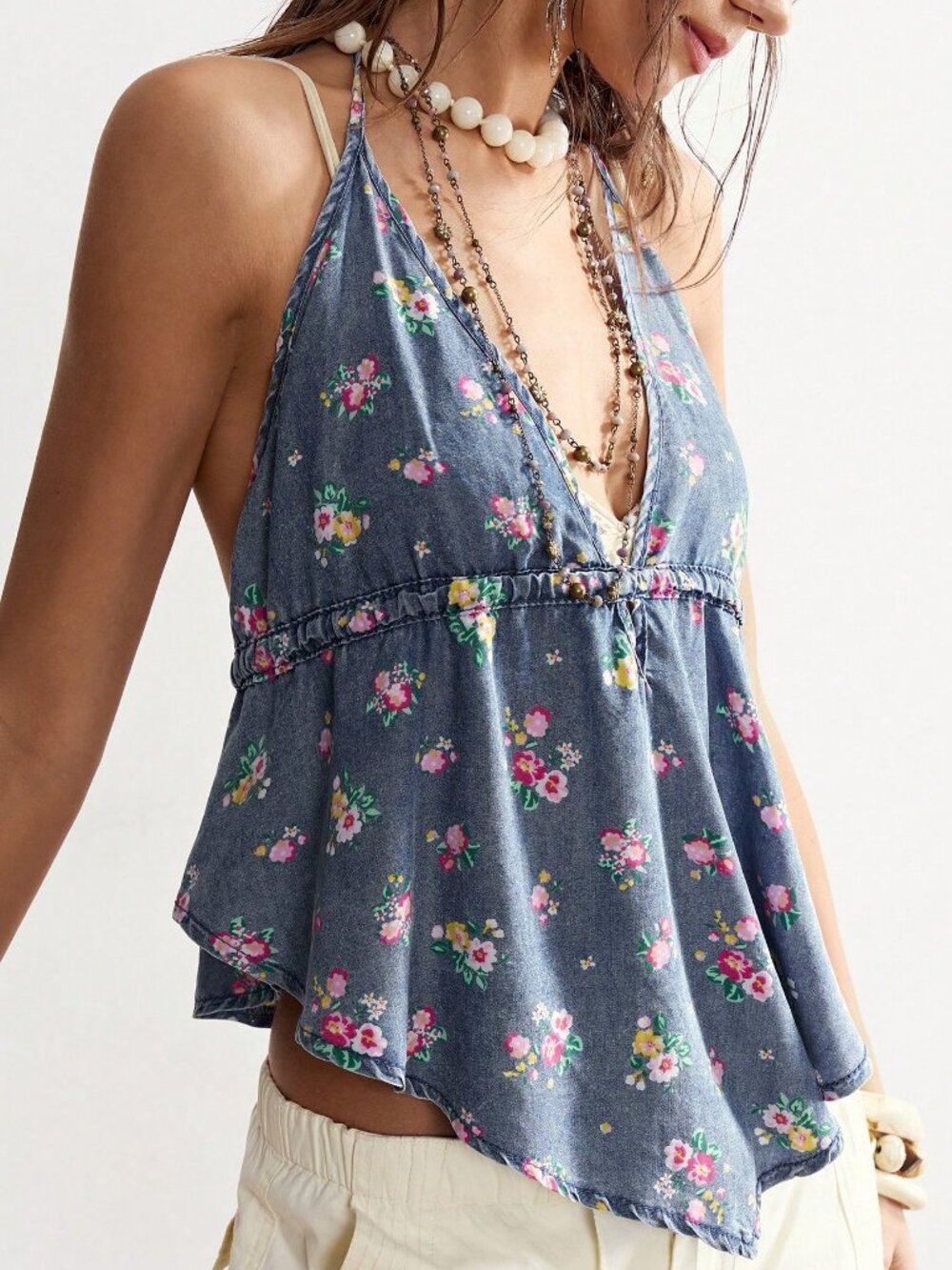 Blue Boho Women's Romantic Floral Tie-Back V Neck Tank Top